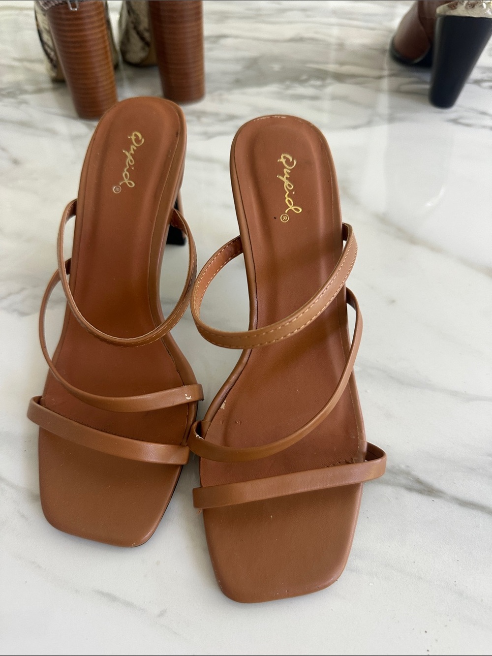 Qupid Brown Strappy Square-Toe Heeled Sandals